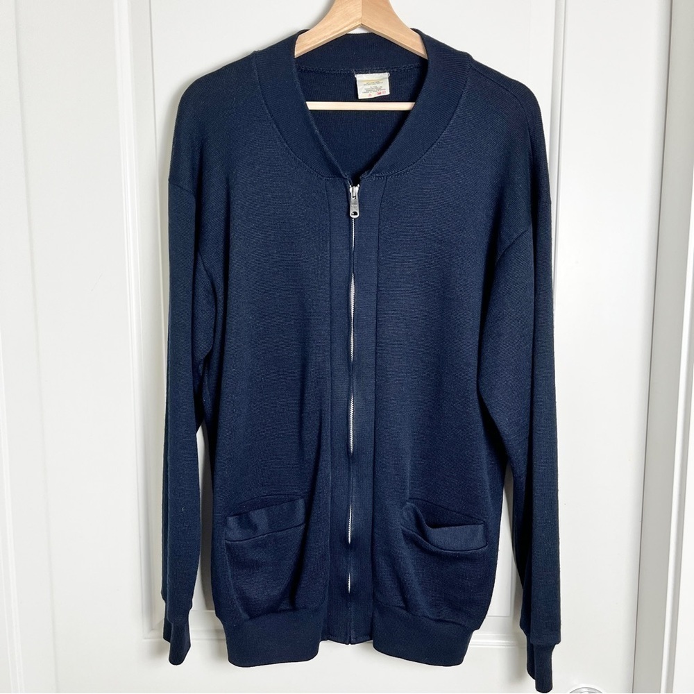 Vintage Jaydee Zip-Up Wool Blend Cardigan Sweater - Classic Navy Blue, Large